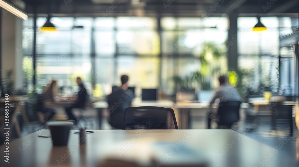 Blurred modern coworking space with professionals collaborating in the background Blurred modern coworking space with professionals collaborating in the background