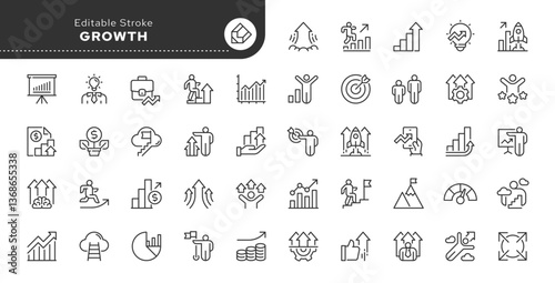 Growth line icon set. Personal growth, productivity, development, increase, improvement, career, goal achievement and more. Outline vector icon in linear style. Pictogram collection	