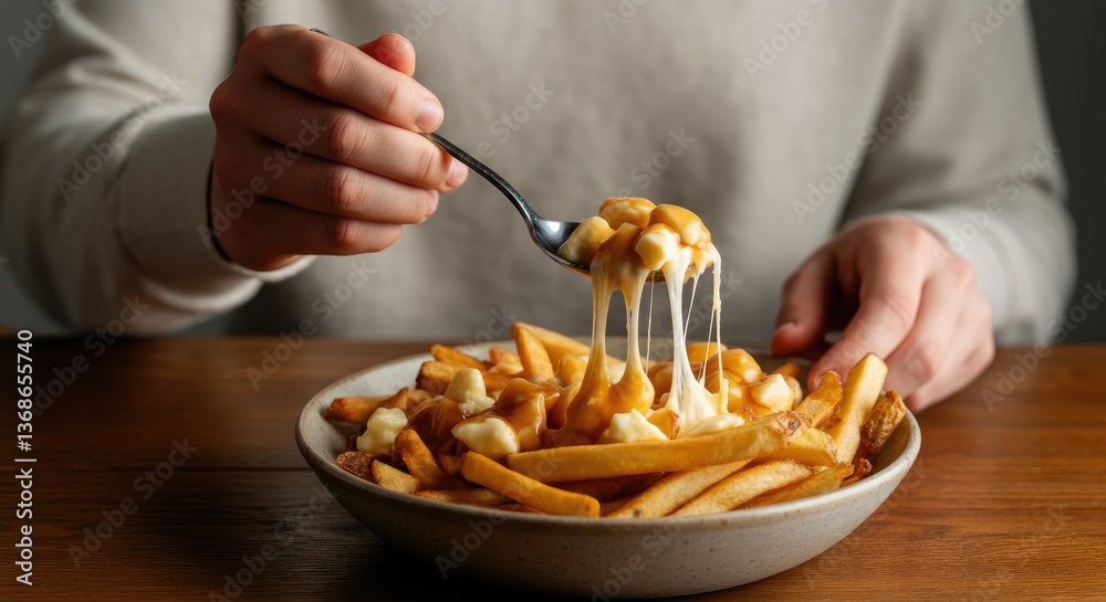 Person eating poutine with melted cheese and gravy Person eating poutine with melted cheese and gravy