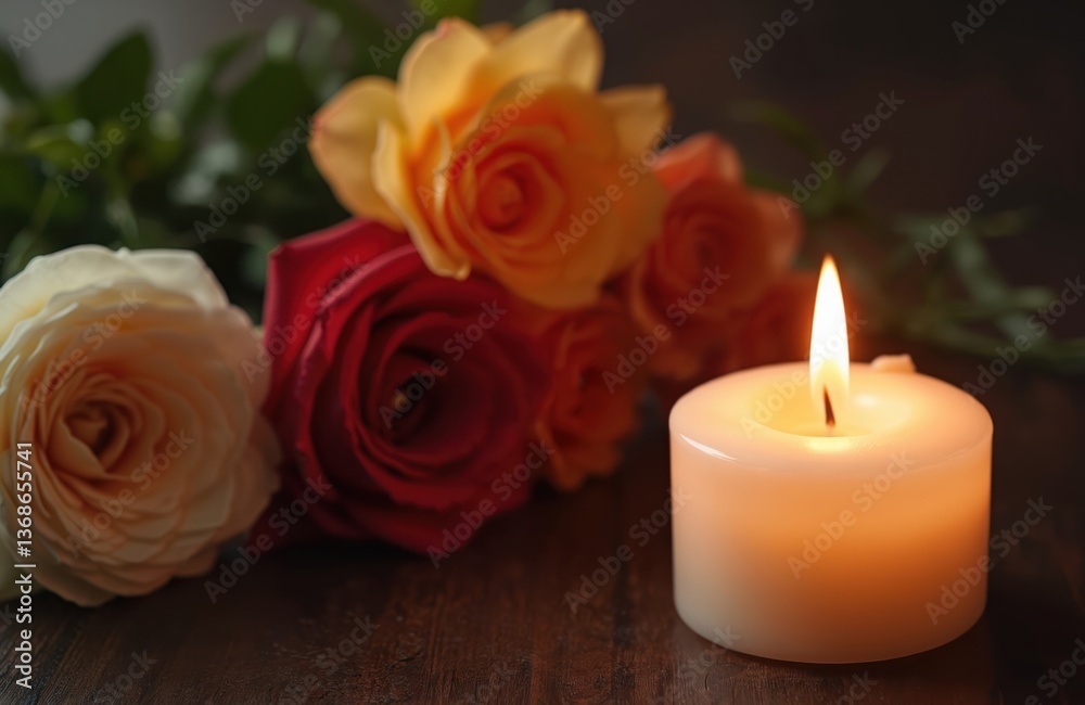 Burning candle flame and fresh rose flowers on dark wooden background. Sympathy card, memorial, funeral concept. Remembrance, mourning, grieving, loss, death, sorrow. Spiritual, religious theme. Burning candle flame and fresh rose flowers on dark wooden background. Sympathy card, memorial, funeral concept. Remembrance, mourning, grieving, loss, death, sorrow. Spiritual, religious theme.