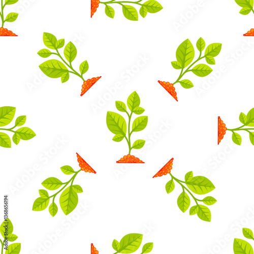 Seamless pattern of young plants growing in fertile soil