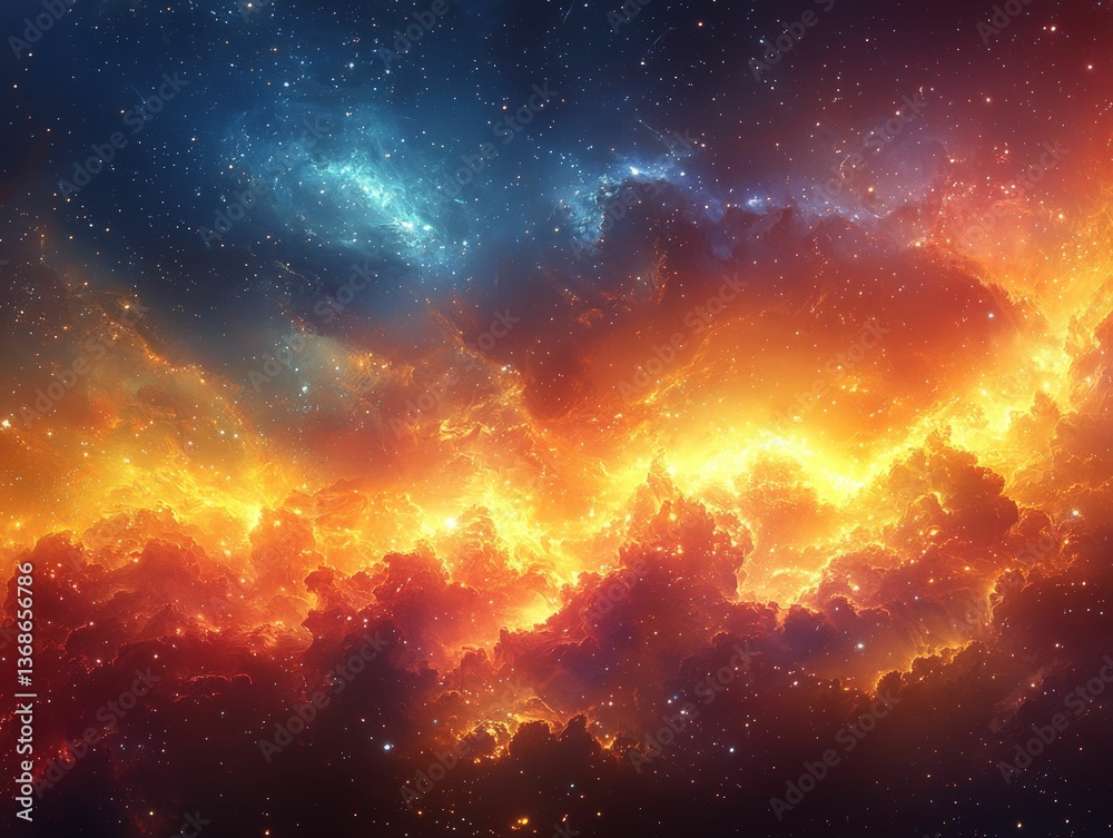 Fototapeta premium Fiery nebula cosmic clouds glow brightly