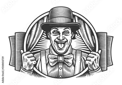 Vintage black and white portrait of an eccentric gentleman with a bowler hat, wide grin, and theatrical expression in engraving style

