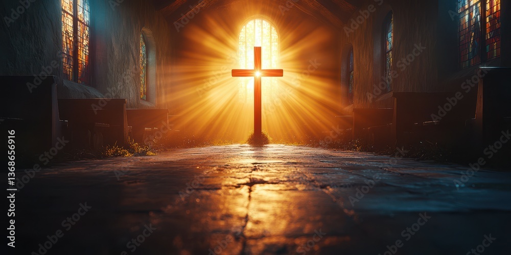 Naklejka premium Rays of light illuminate a cross in a historic church, creating a serene atmosphere during early morning hours
