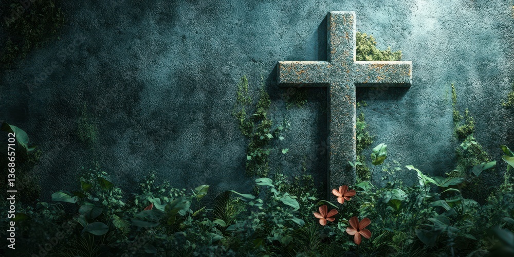 Fototapeta premium Stone cross covered in moss and flowers against a textured wall in a serene garden setting during early morning light