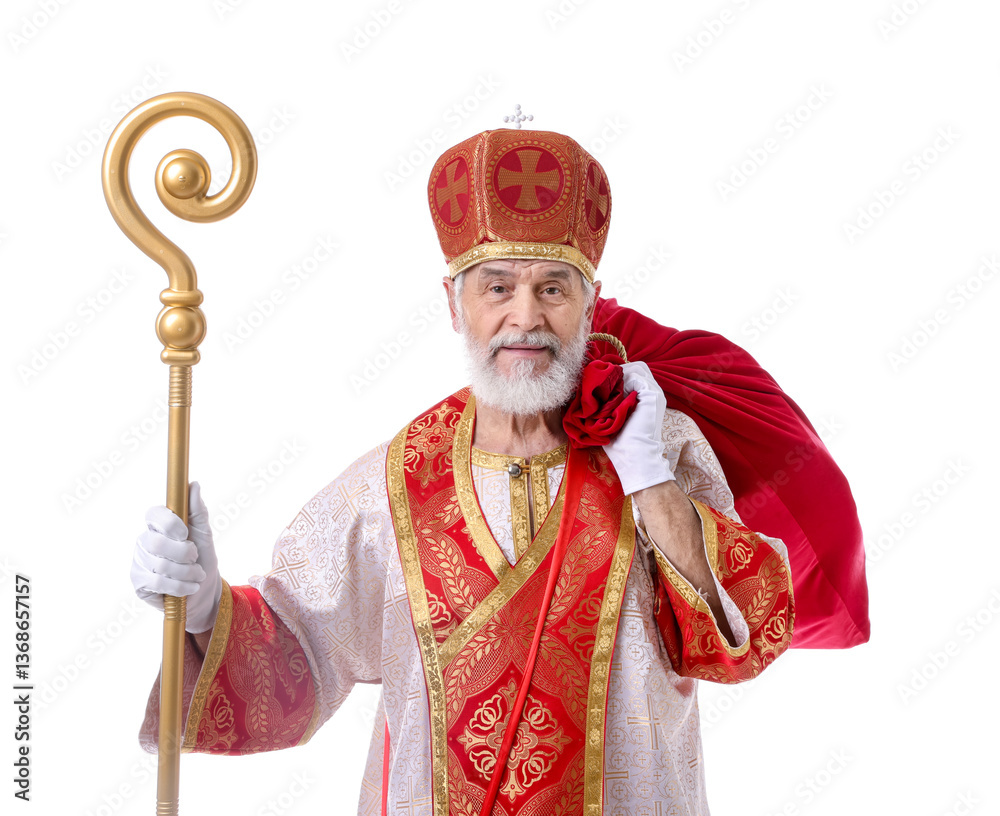 Fototapeta premium Saint Nicholas with sack on white background