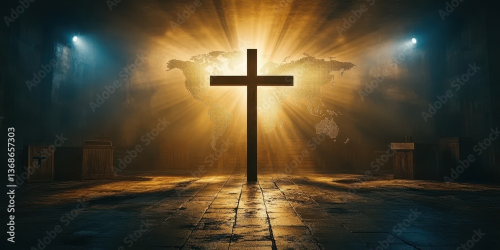 Naklejka premium Spiritual cross illuminated by soft light in a dimly lit room with a world map