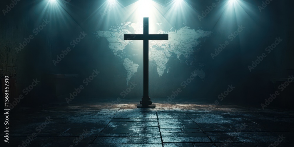 Naklejka premium Illuminated cross with world map background in a dimly lit space at night