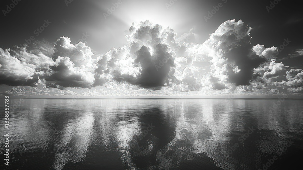 Fototapeta premium Dramatic grayscale seascape, clouds mirroring tranquil ocean.