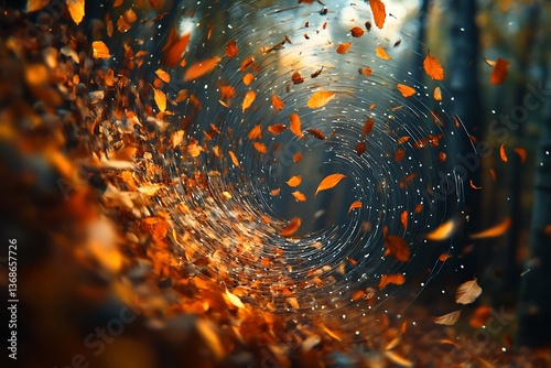 Music notes swirling in a whirlwind of autumn leaves in a vibrant forest, capturing the spirit of fall with a melodic twist