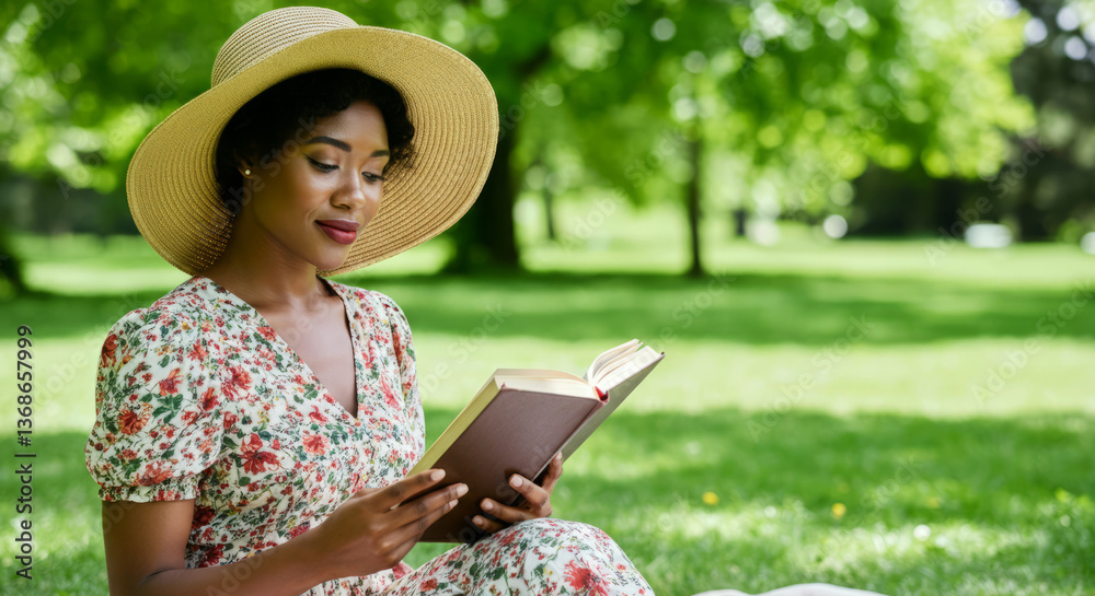 Fototapeta premium Young african female reading book outdoors in park wearing straw hat and floral dress
