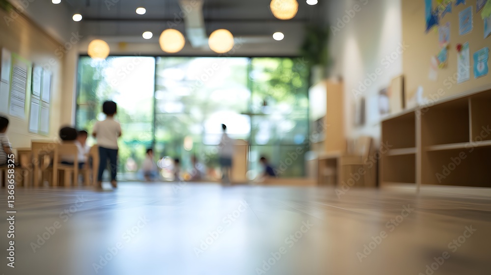Blurred modern daycare center with children playing in the background Blurred modern daycare center with children playing in the background