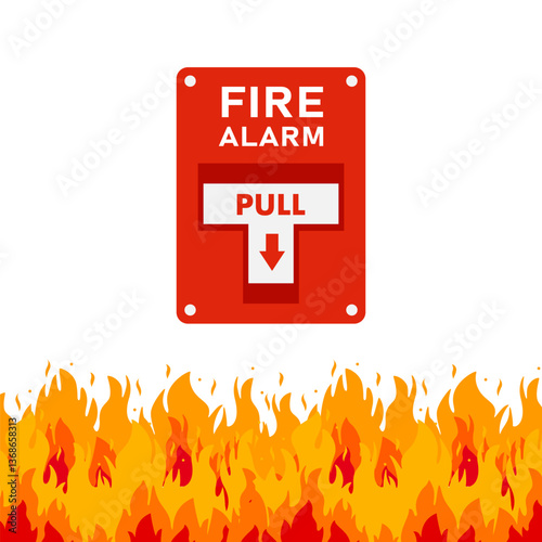 Fire alarm switch with burning flames and white background