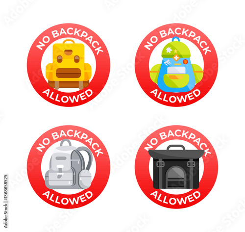 No backpack allowed signs showing different backpacks and bags prohibiting backpacks in public areas