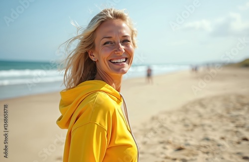 Smiling blond woman 45 years old poses on beach with sea view. Happy mature female smiles wearing yellow hoodie enjoying summer day on vacation outdoors.
