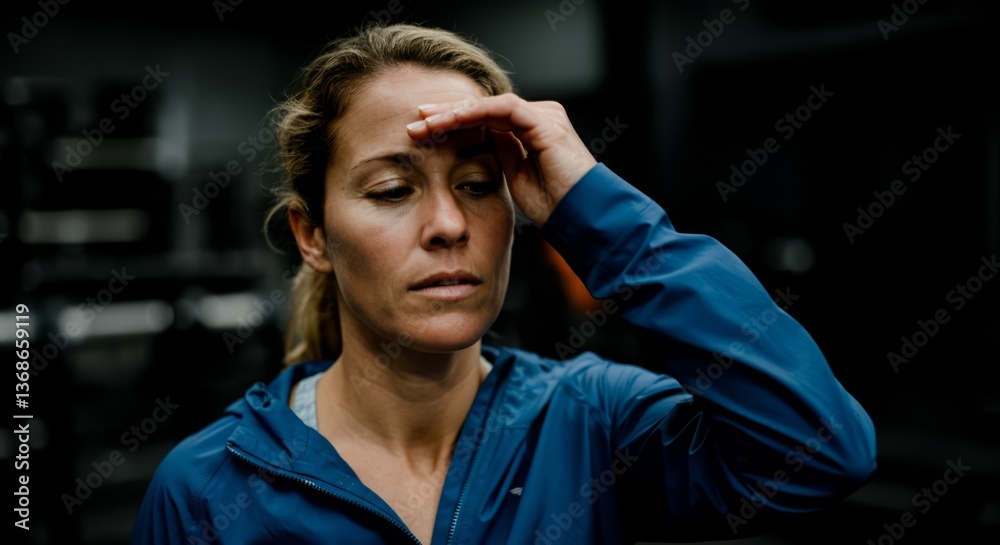 Fototapeta premium Female athlete in blue jacket resting after workout at gym