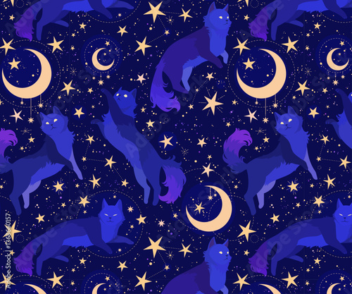 Mystical cats against a backdrop of starry night sky and moons