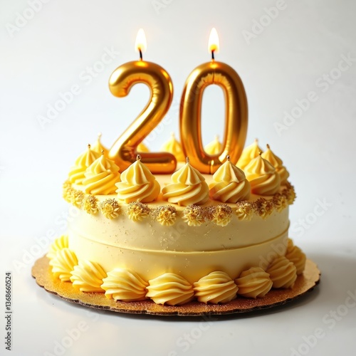Festive decorated gold cake for 20th birthday anniversary. Burning number 20 candles on white background. Celebrate birthday celebration. Dessert pastry is festive and delicious.