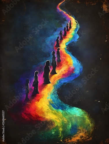 Silhouetted figures walk a vibrant, cosmic path.