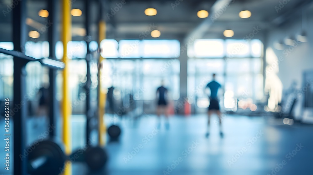 Blurred modern fitness studio with athletes in the background