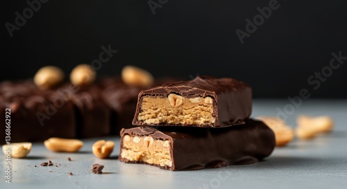 Chocolate-covered peanut butter bars with peanuts on a gray surface