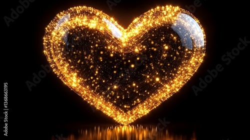 Sparkling golden heart, glowing, romantic.