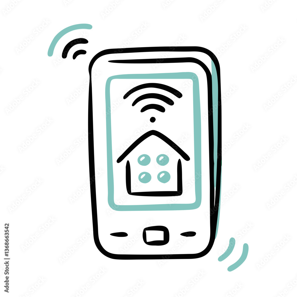 Smart home hub illustration on smartphone with connection signals, technology concept Smart home hub illustration on smartphone with connection signals, technology concept