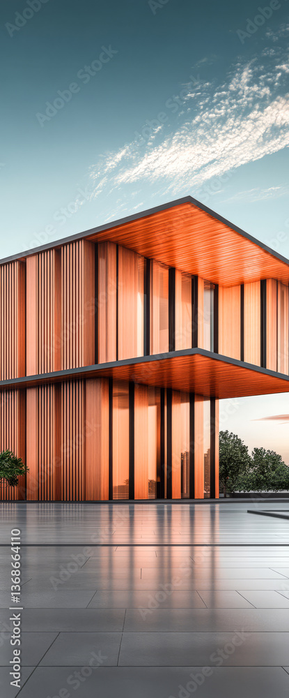 Obraz premium Modern geometric copper building stands tall during sunset hour
