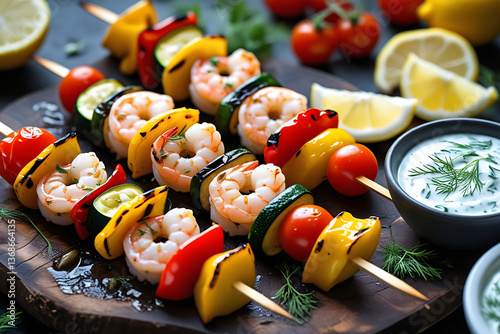 Grilled shish kebab skewers with a mix of fresh seafood and vegetables