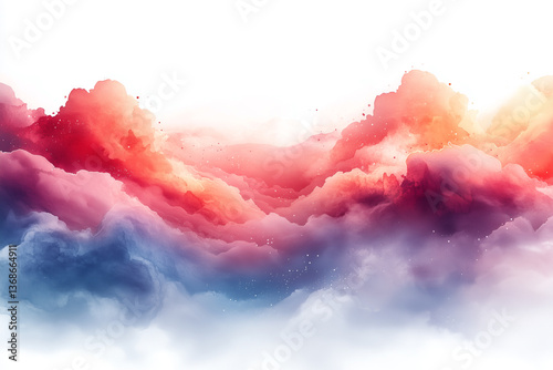 A breathtaking panorama of vibrant, swirling cloudscapes, a dreamscape of red, pink, and blue hues, shimmering with ethereal light and soft, delicate textures.