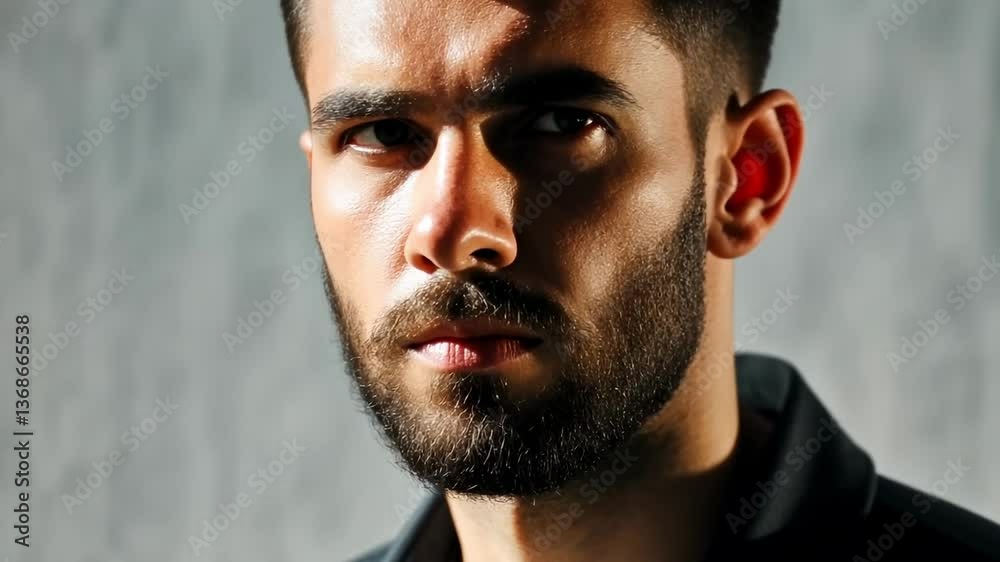 Intense mood lighting: closeup of man with shifting facial expressions