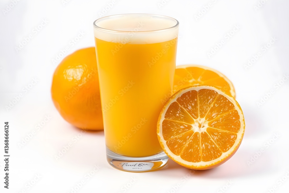 Refreshing Glass of Fresh Orange Juice with Whole and Sliced Oranges on a Plain Background Refreshing Glass of Fresh Orange Juice with Whole and Sliced Oranges on a Plain Background