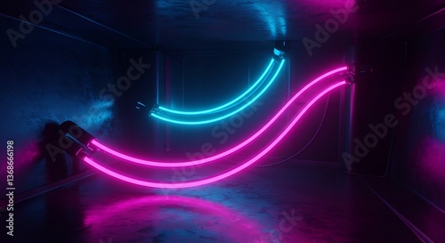 Glowing Neon Light Tubes in Dark Room with Concrete Floor