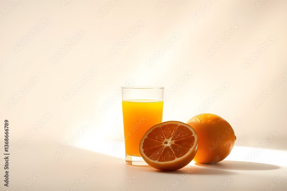 Refreshing Glass of Fresh Orange Juice with Whole and Sliced Oranges on a Plain Background