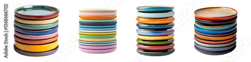 Set of stacked colored ceramic plates isolated on transparent background