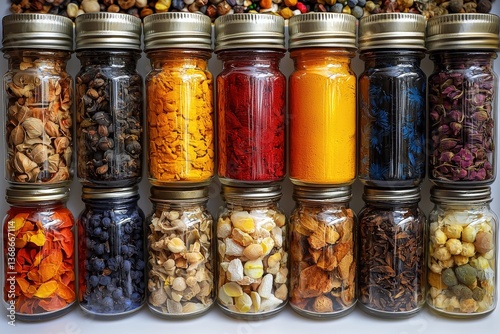 Colorful jars of spices and dried ingredients on display in neat rows