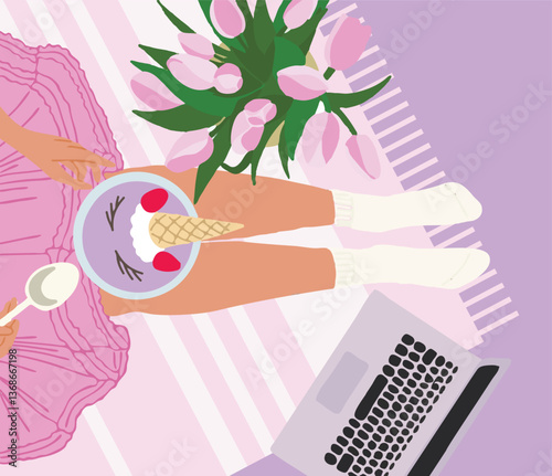 Woman legs in tutu dress on the floor up view flat style with notebook, bouquet, unicorn bowl