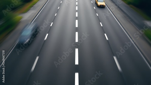 A highway journey unfolds, cars speeding past in a blur of motion, under a soft gray sky with blurred roadside greenery.