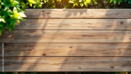 Warm sunlight filters through leaves onto a rustic wooden table, creating a serene and peaceful outdoor scene.