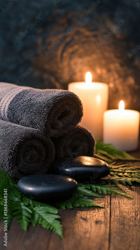 Rolled Towels Glowing Candles and Black Stones on Table Rolled Towels Glowing Candles and Black Stones on Table