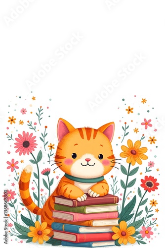 Studious Orange Tabby Cat Perched on Stack of Books Surrounded by Cheerful Flowers in Whimsical Children's Book Style Creating Cozy Reading Scene