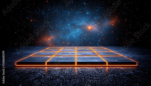 Neon Grid Floor with Cosmic Background.