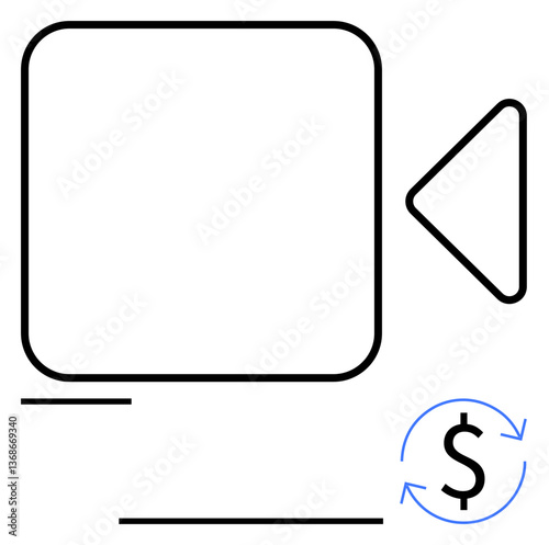 Camera icon paired with dollar sign encircled by arrows, representing video monetization. Ideal for marketing, e-commerce, content creation, streaming, subscription, advertising, flat simple metaphor
