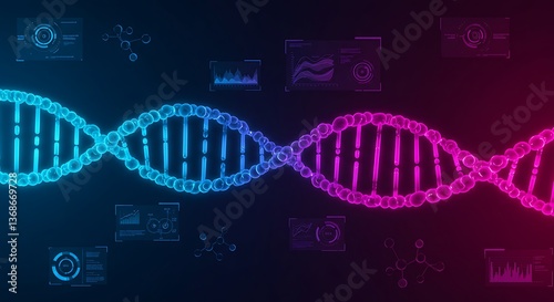 Dna Molecule Graphic Illustration with Data Visualization on Dark Background