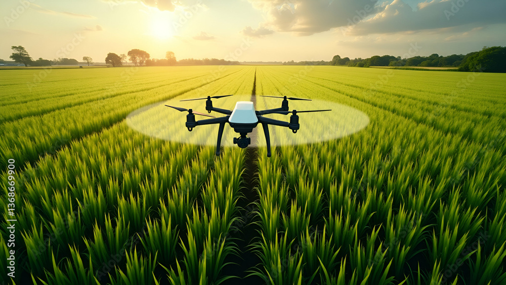 Top View of Rice Field with Drone Spraying: Precision Agriculture Concept