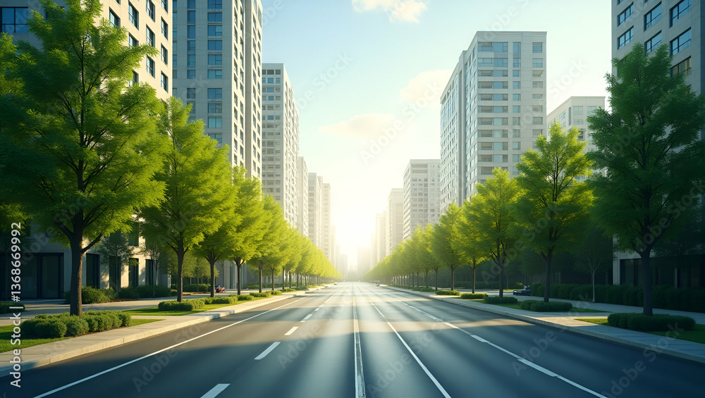 Fototapeta premium Overhead View of a Boulevard with Solar Trees: A Double Exposure Concept Showcasing Green Energy Innovation and Renewable Infrastructure with Ample Copy Space for Text