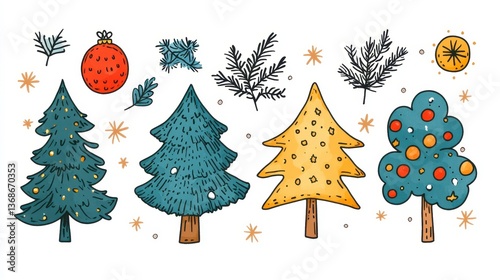 Whimsical holiday illustrations of decorated fir trees, pine branches, ornament, and orange slices