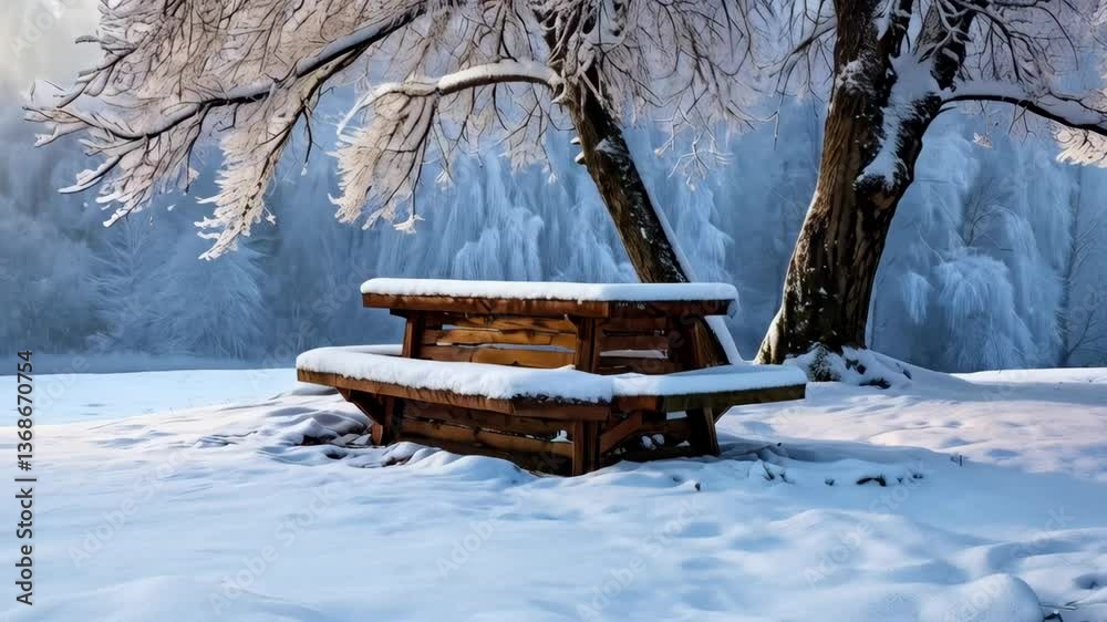 A tranquil winter scene showcases a wooden bench covered with fresh snow beneath a frosty tree. The serene landscape, cloaked in white, evokes a peaceful and picturesque atmosphere