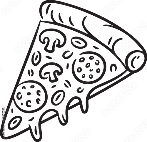A simple, black and white cartoon illustration of a pizza slice.