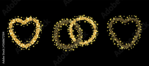A set of bright golden hearts, sequins around, wedding rings, everything for your creativity on a greeting card, for a wedding celebration, birthday, declaration of love. Vector illustration